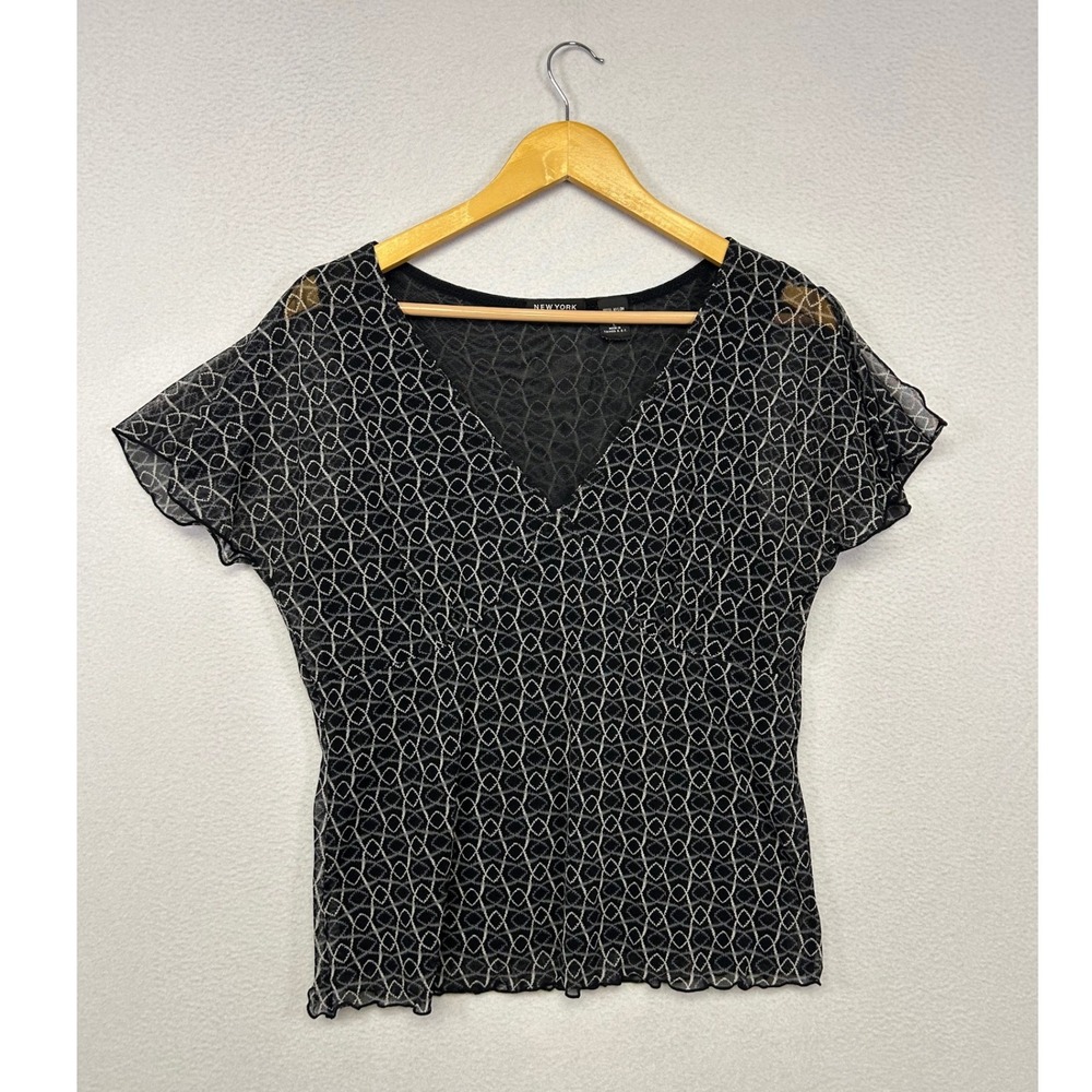 Y2K Whimsigoth New York & Company Womens Large Black Mesh Flutter Sleeve Top